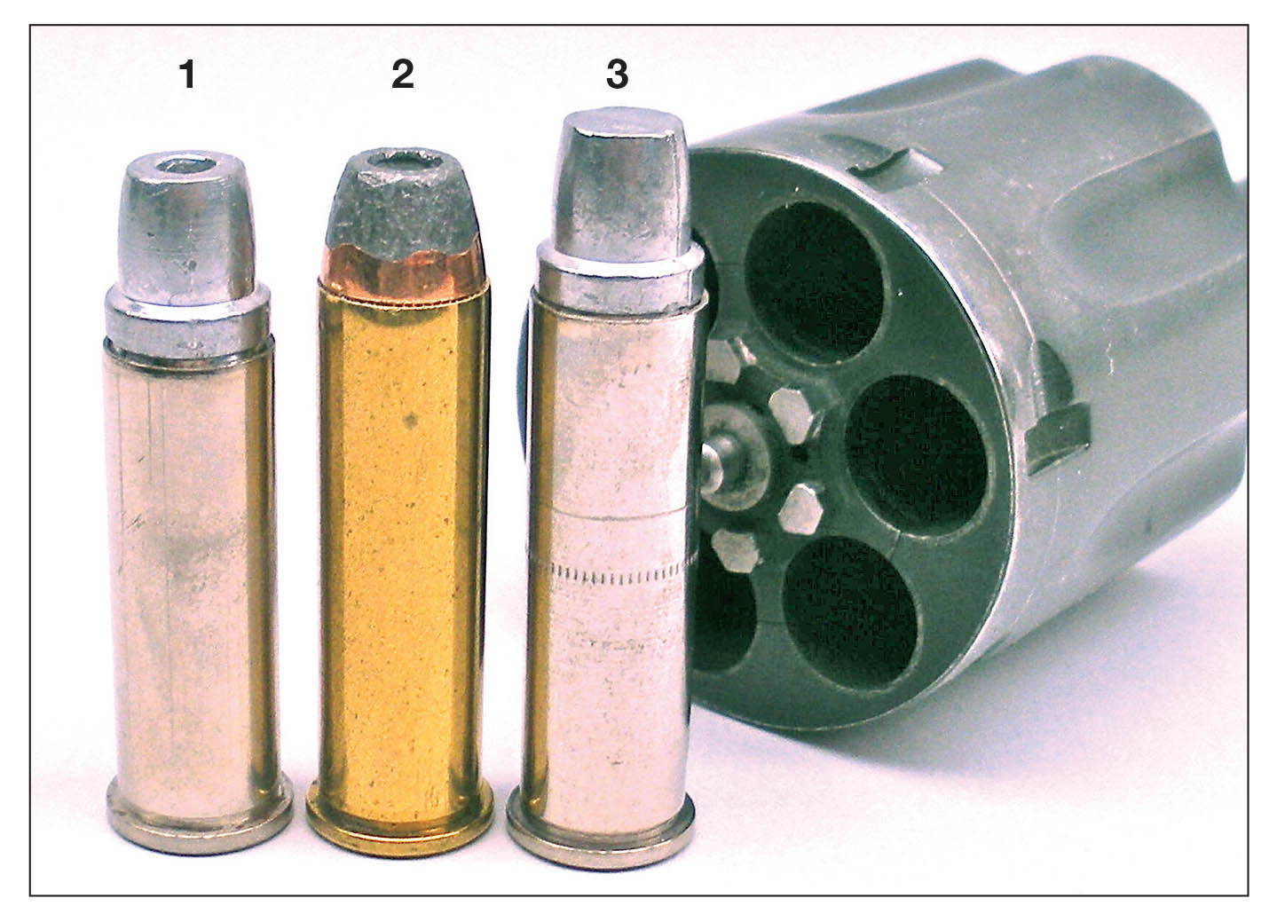 The (1) Keith/Lyman 358439 cast semiwadcutter hollowpoint, or 359429 flatnose, is seated to an overall length of 1.535 inches, a bit less than SAAMI’s 1.550 inches for the .38 S&W Special, but exceeds SAAMI’s (2) 1.590 inches when seated in the (3) .357 Magnum case at 1.650 inches.